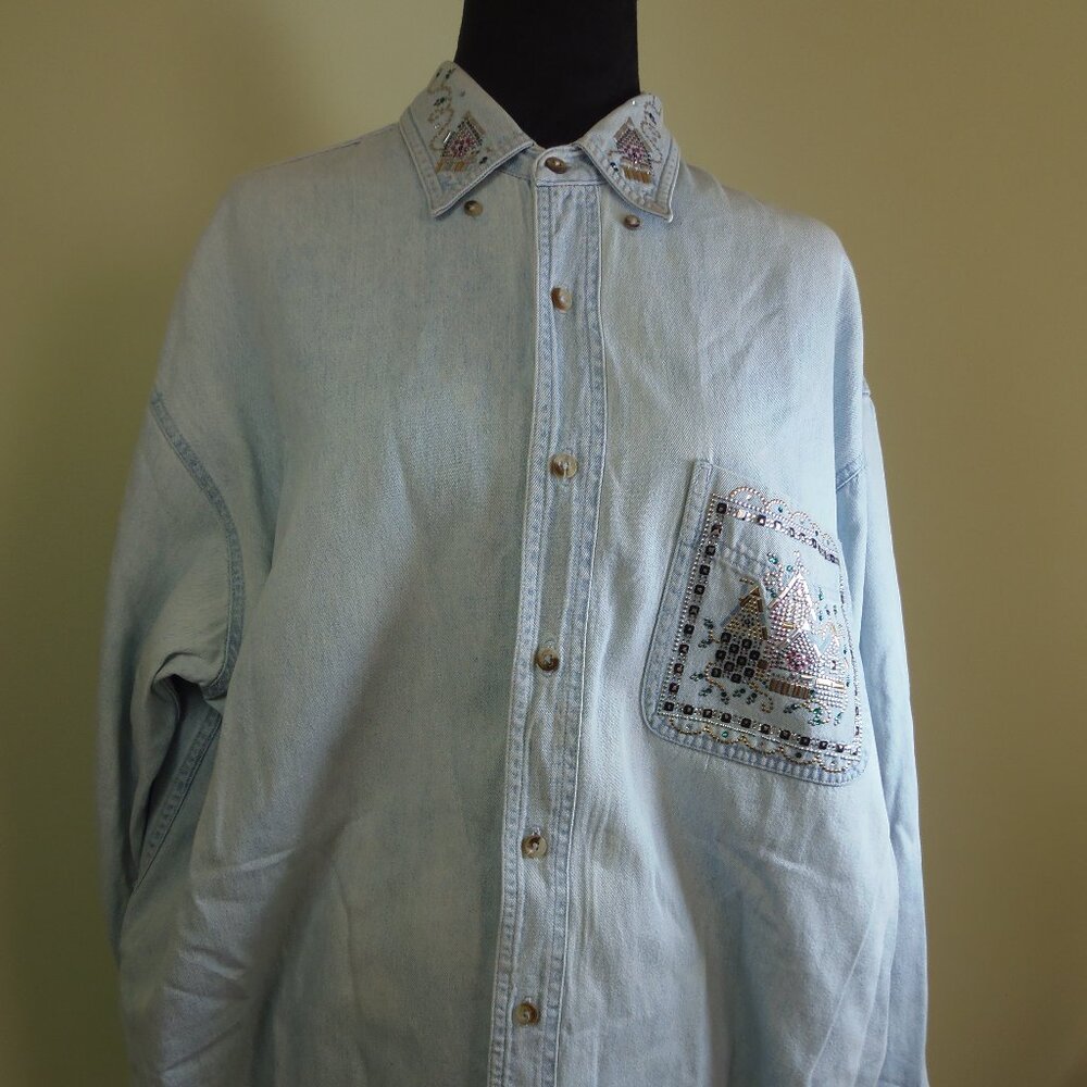 Y2K Embellished Denim Chambray Women's SZ Button Up Shirt Lagen Eclectic Granny